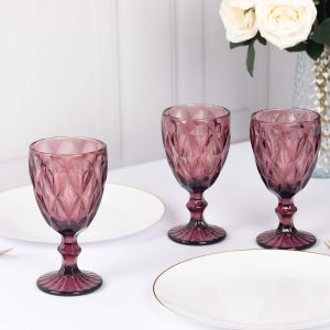 6-Pack Crystal Cut Wine Glasses 12oz Embossed Design Stemmed Dusty Rose 7" - Colored Goblets for Cocktails & Drinks